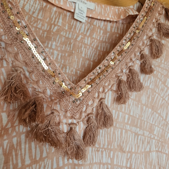 J Crew 💜 Sea Grass Peach Top Tassle Fringe Sequin Bead Trim Shirt Semi Sheer 6 - Picture 7 of 11